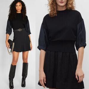 Club Monaco Black Mock Neck Dressy Sweater Satin Puff Sleeves Small $169